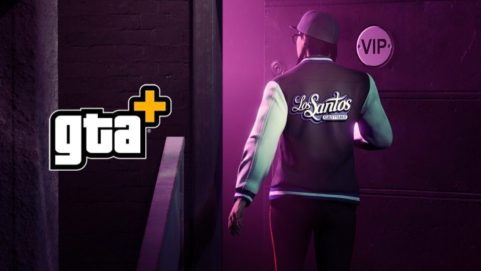 Man walking toward a door with purple lighting. Left is the GTA Plus logo.